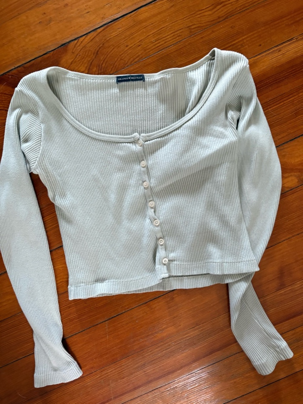 Brandy Melville Light Sage Ribbed Button-Front Long Sleeve Top
